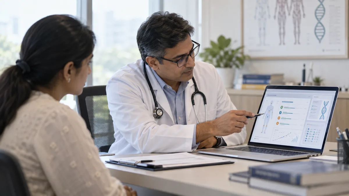 Clinician reviewing a genomic case with a patient