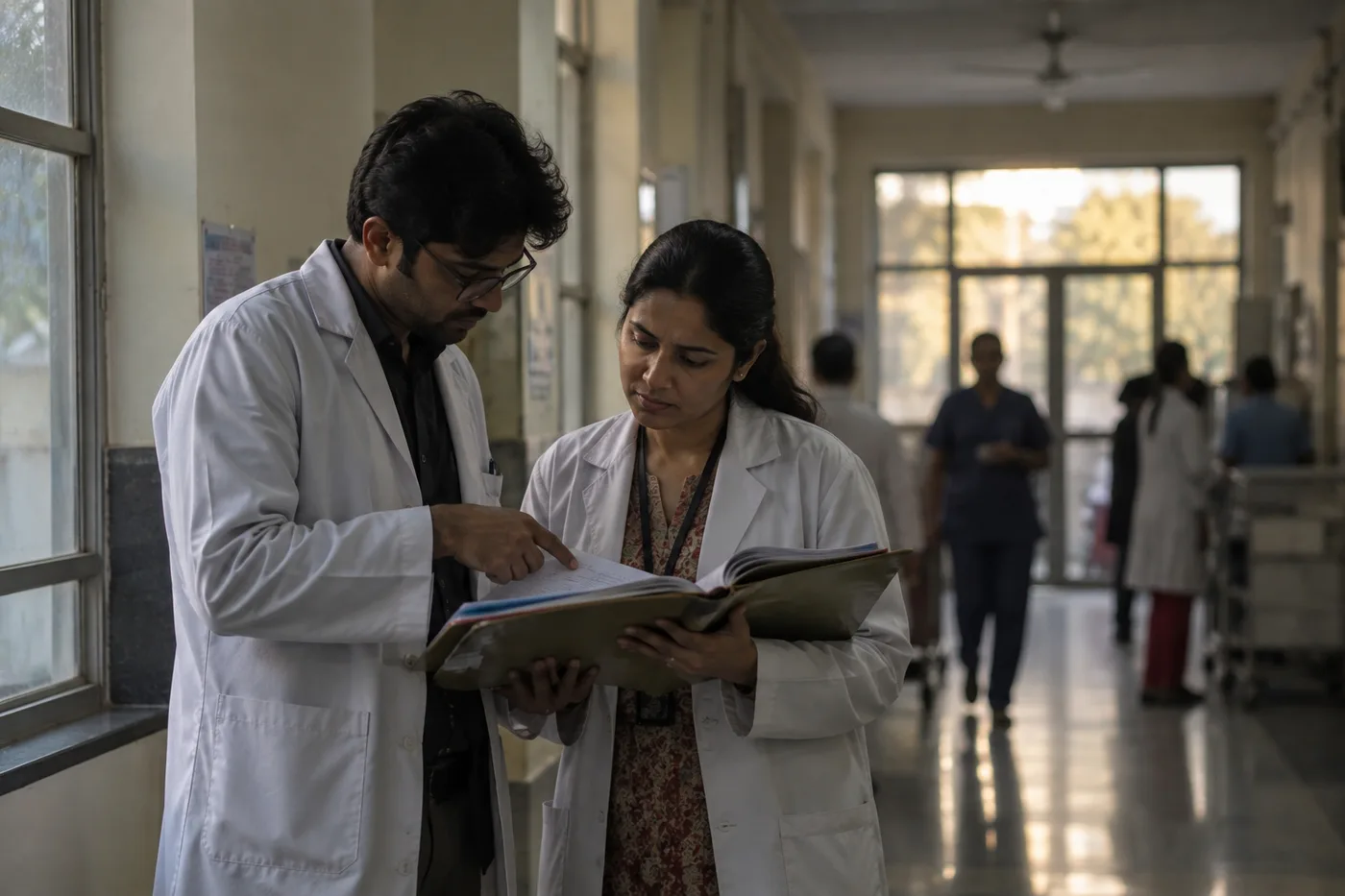 Clinician walking a hospital corridor